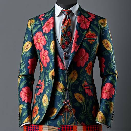 A bespoke patterned suit with a unique floral or geometric design, showcasing bold personal style.