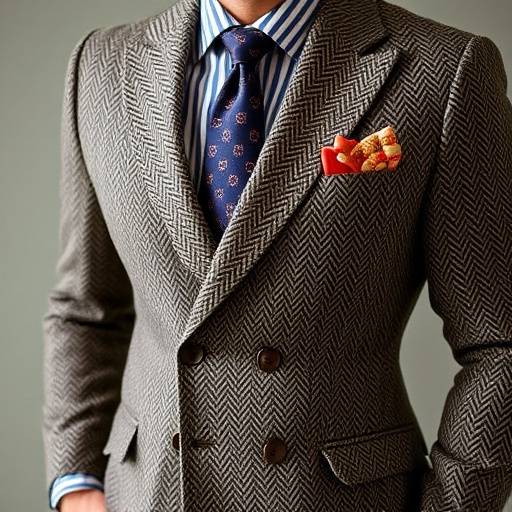 A meticulously tailored tweed bespoke suit in a classic herringbone pattern, suitable for smart casual or country events.