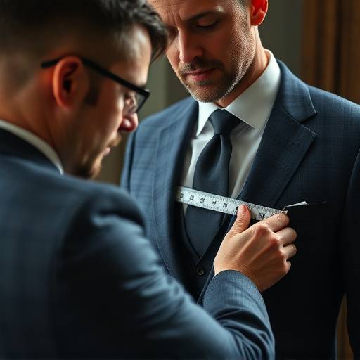 A tailor carefully measuring a client for a bespoke suit.