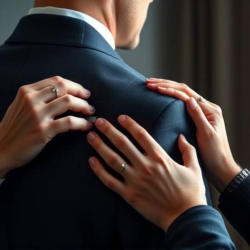A tailor meticulously measuring a client's shoulder for a bespoke suit.